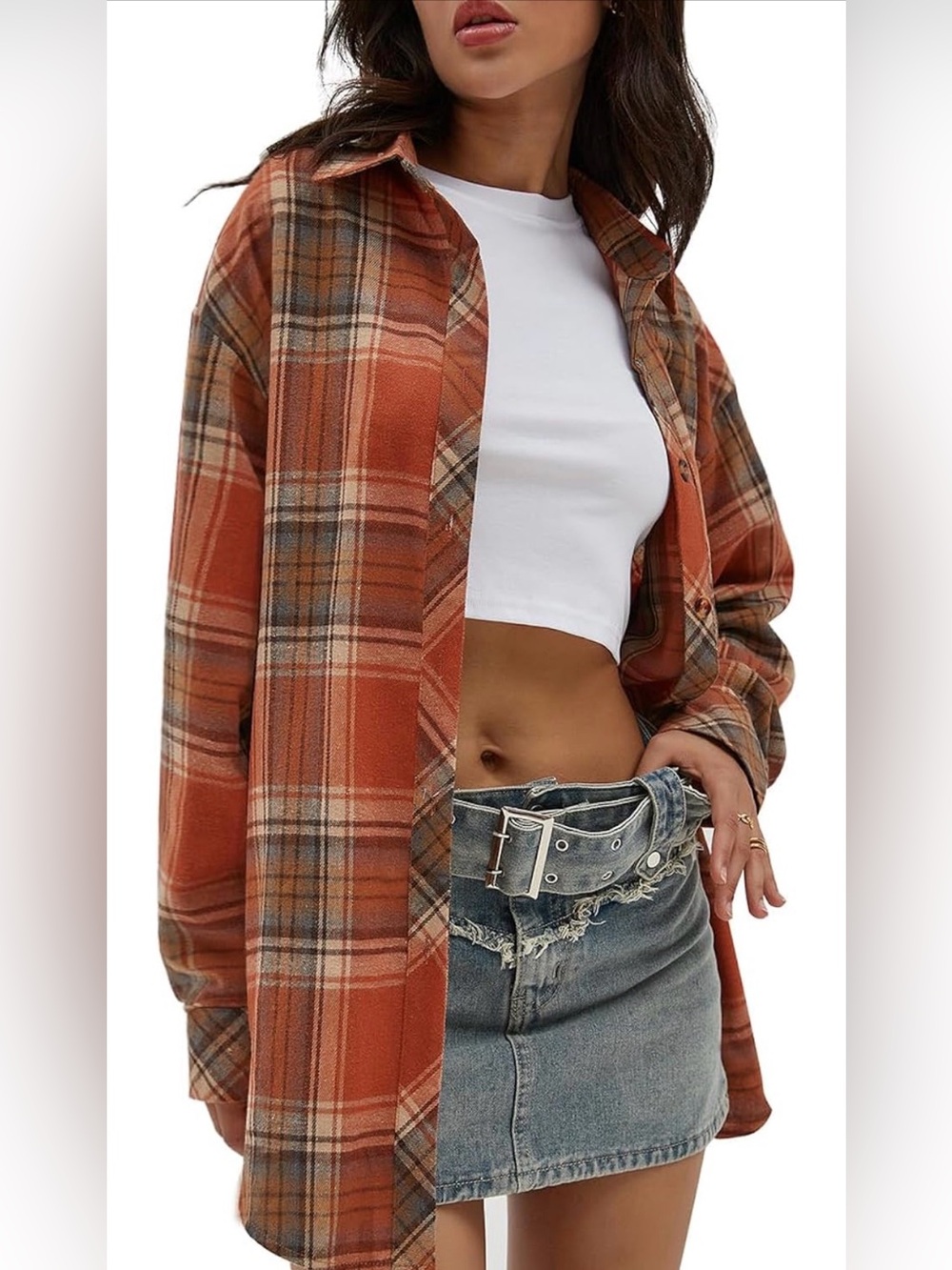 CHYRII Womens Button Down Flannel Shirt Long Sleeve Plaid Shacket - Caramel
